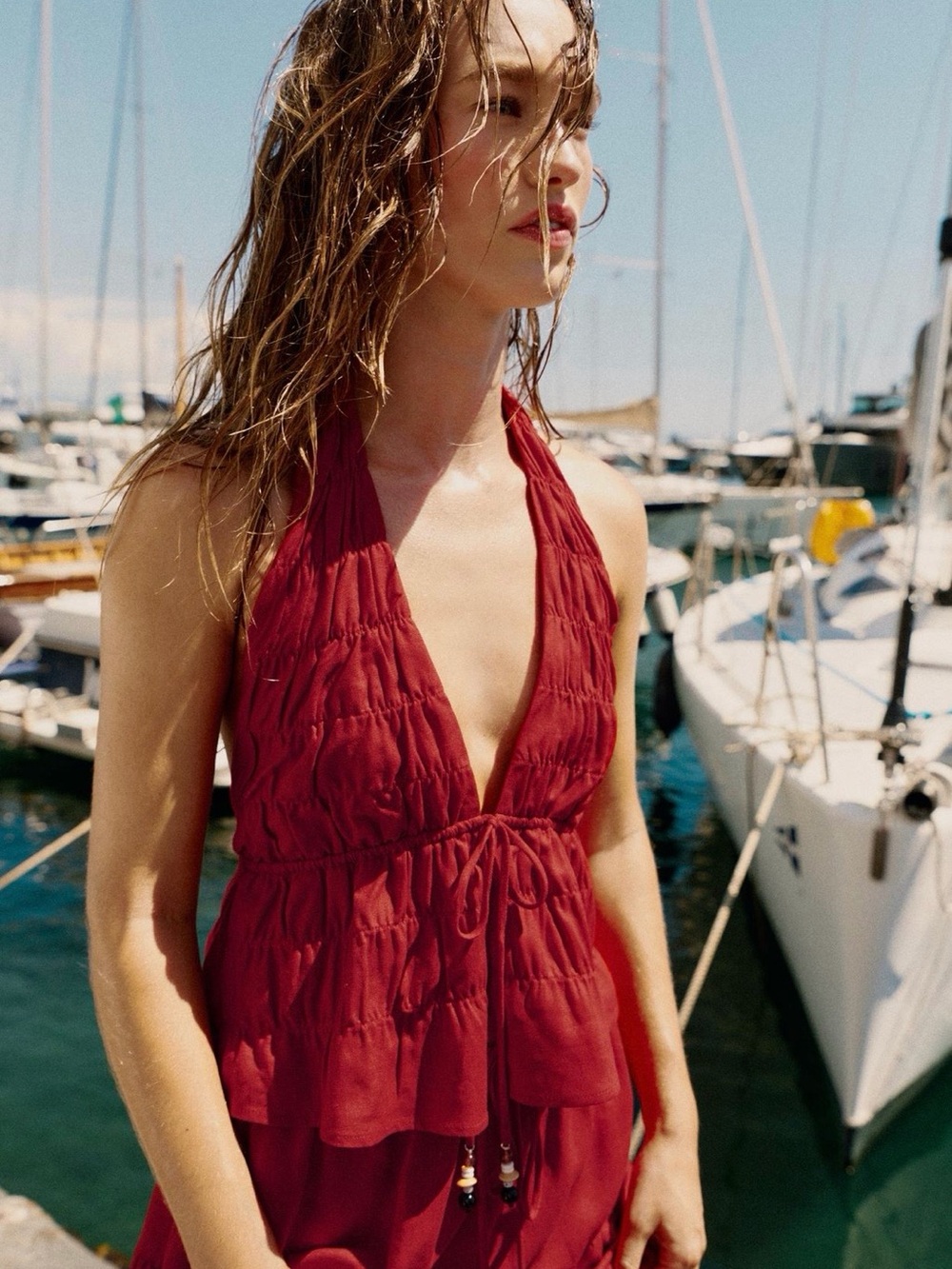 Zara Red Linen Halter Tiered Skirt Set - Picture 3 of 11